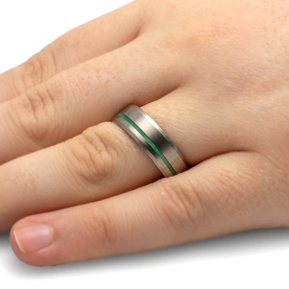 Men's Matte Titanium Wedding Band with Green Wood Pinstripe-4451 - Jewelry by Johan