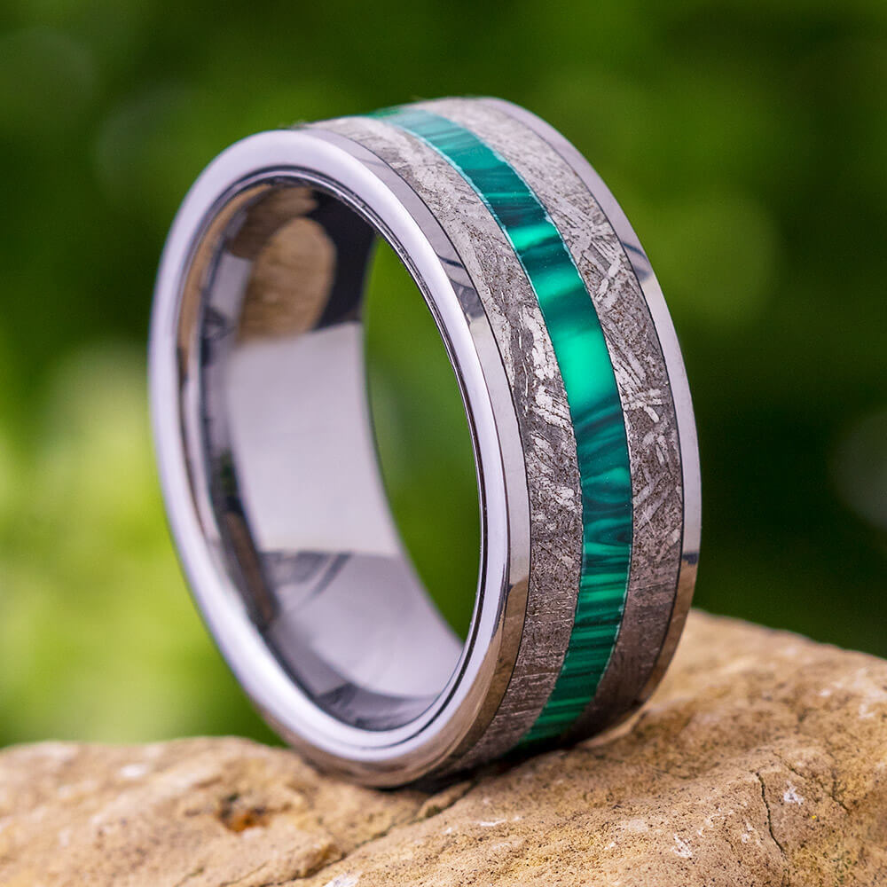 Guitar String Wedding Band With Meteorite & Malachite | Jewelry by Johan