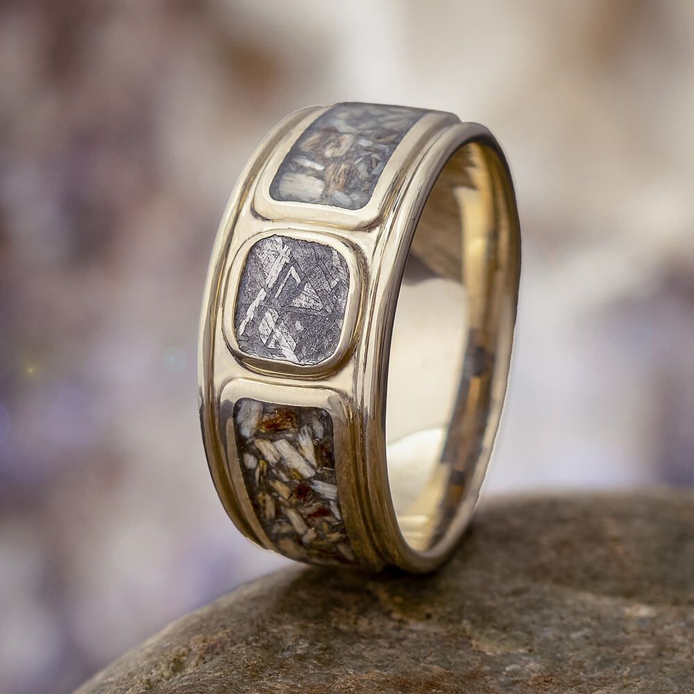 Meteorite Engagement Ring with Dinosaur Bone and Wide Design-4481 - Jewelry by Johan