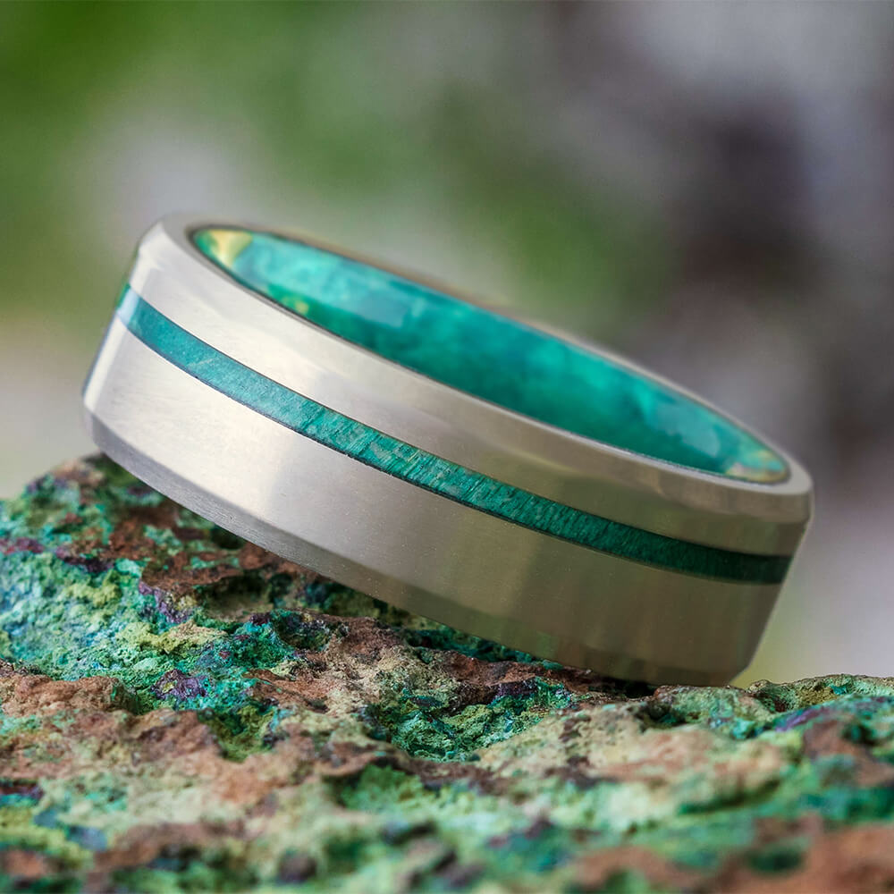 Solid Gold Men's Wedding Band with Green Wood - Jewelry by Johan