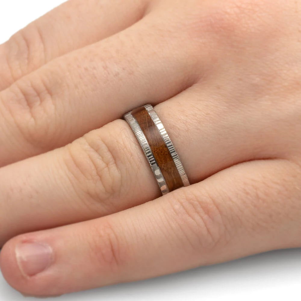 Damascus and Whiskey Barrel Oak Wood Wedding Band - Jewelry by Johan