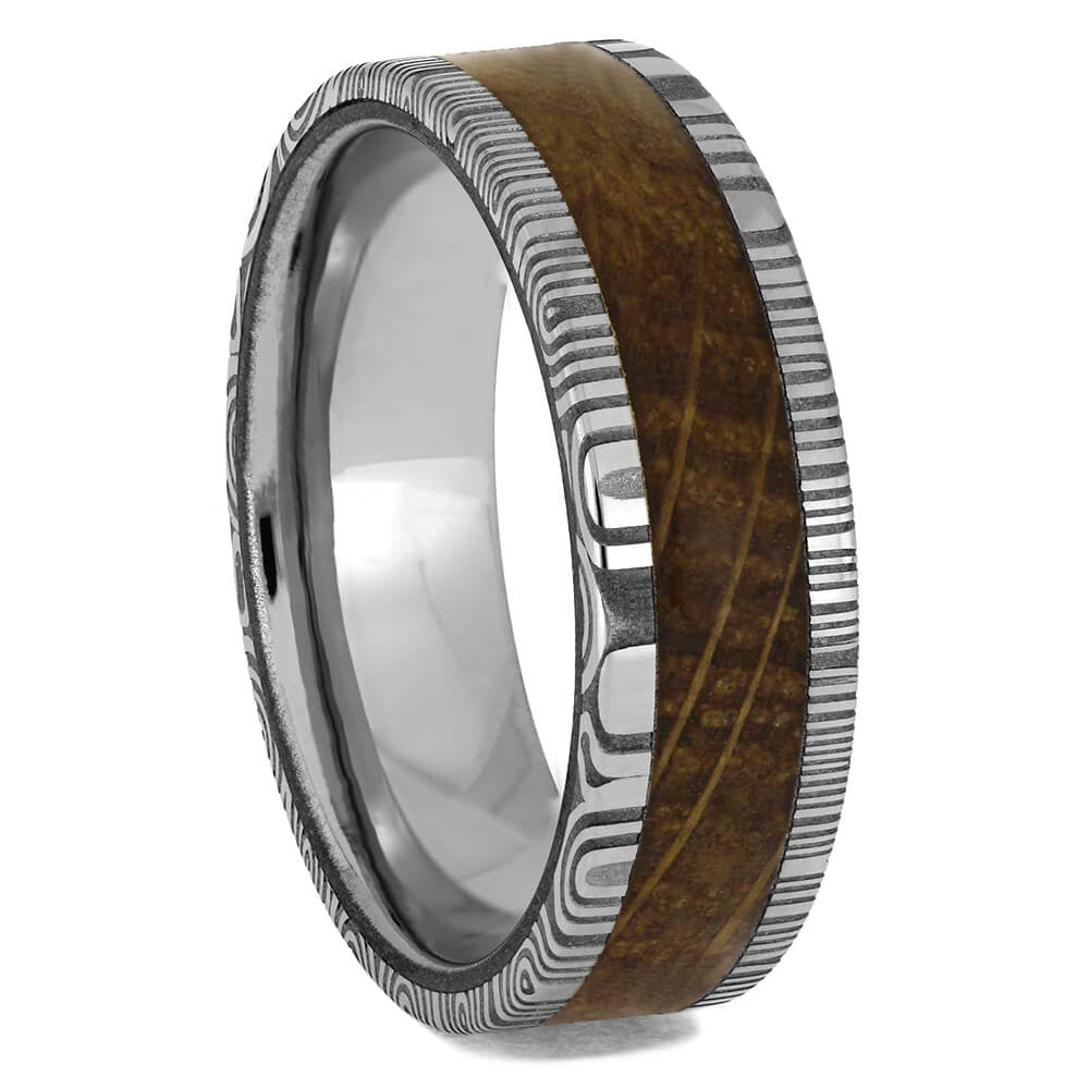 Damascus and Whiskey Barrel Oak Wood Wedding Band - Jewelry by Johan