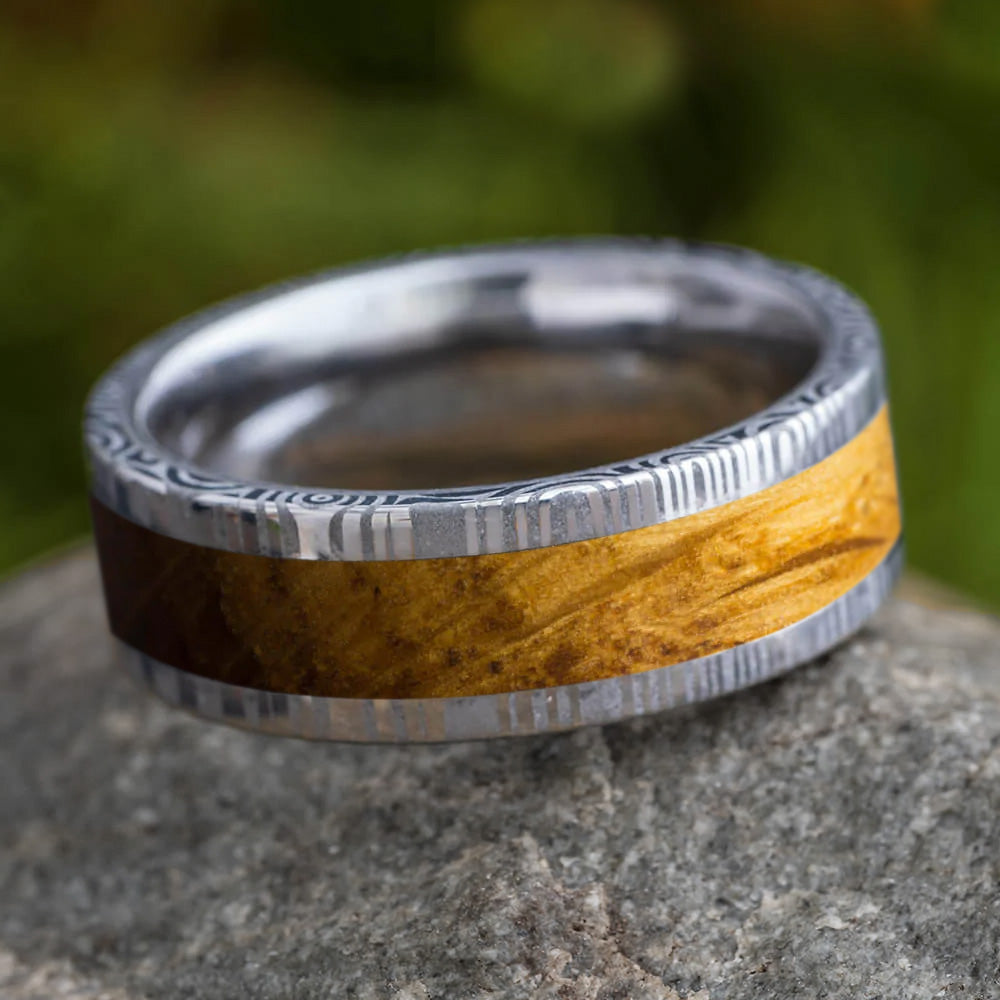 Damascus Stainless Steel & Whiskey Barrel Ring