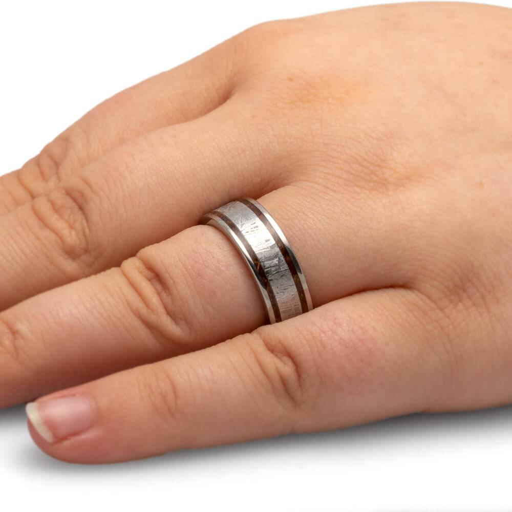 Men's Whiskey Oak Wood Wedding Band with Meteorite Center-4499 - Jewelry by Johan