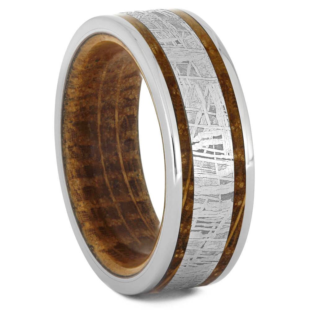 Men's Whiskey Oak Wood Wedding Band with Meteorite Center - Jewelry by Johan