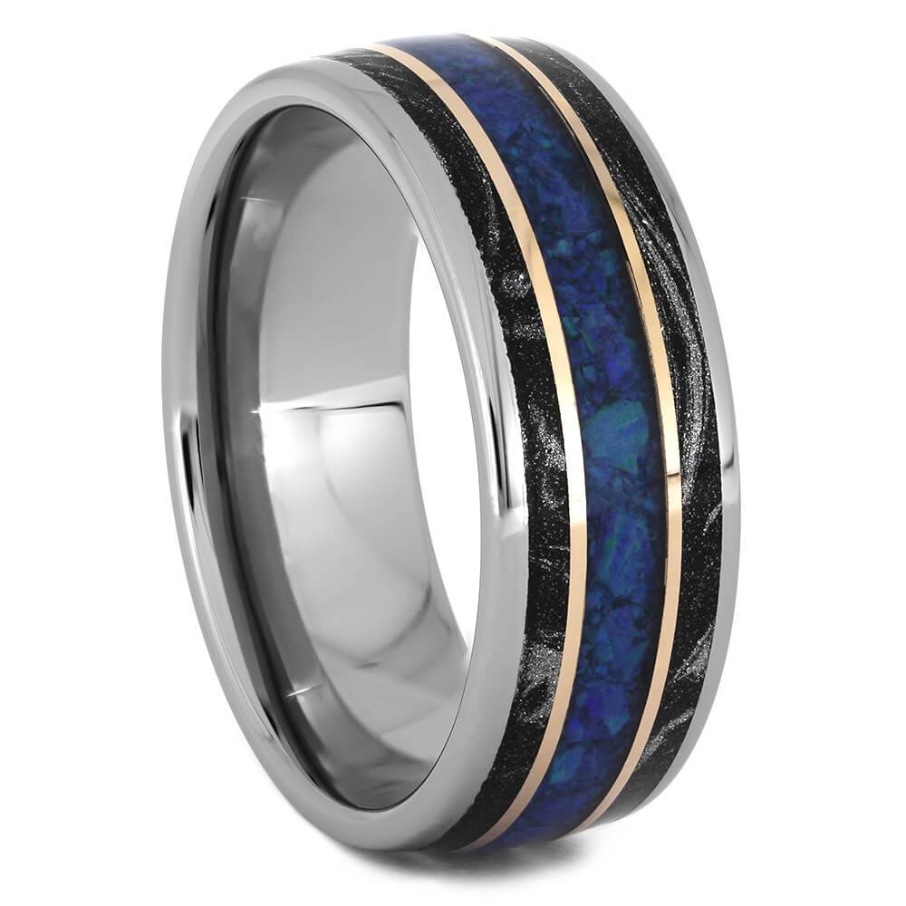 Black and White Mokume Wedding Band with Opal-4509 - Jewelry by Johan