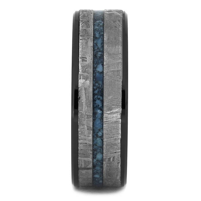 Black Ceramic Wedding Band with Meteorite and Turquoise-4512 - Jewelry by Johan