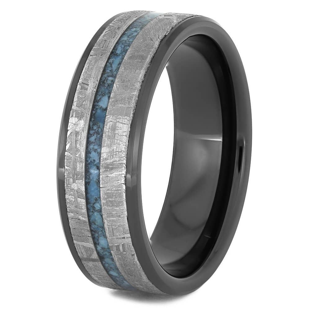 Black Ceramic Wedding Band with Meteorite and Turquoise-4512 - Jewelry by Johan