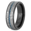 Black Ceramic Wedding Band with Meteorite and Turquoise-4512 - Jewelry by Johan