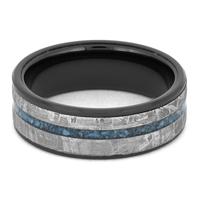Black Ceramic Wedding Band with Meteorite and Turquoise-4512 - Jewelry by Johan