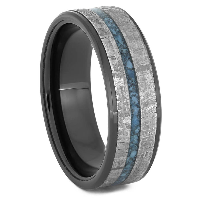 Black Ceramic Wedding Band with Meteorite and Turquoise-4512 - Jewelry by Johan
