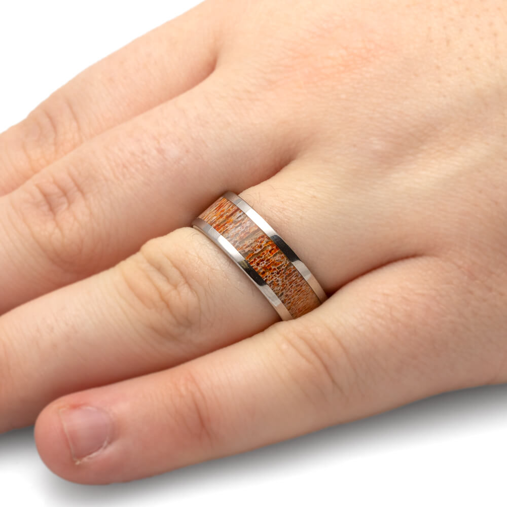 Titanium Ring with Unique Orange Deer Antler-4513-OR - Jewelry by Johan