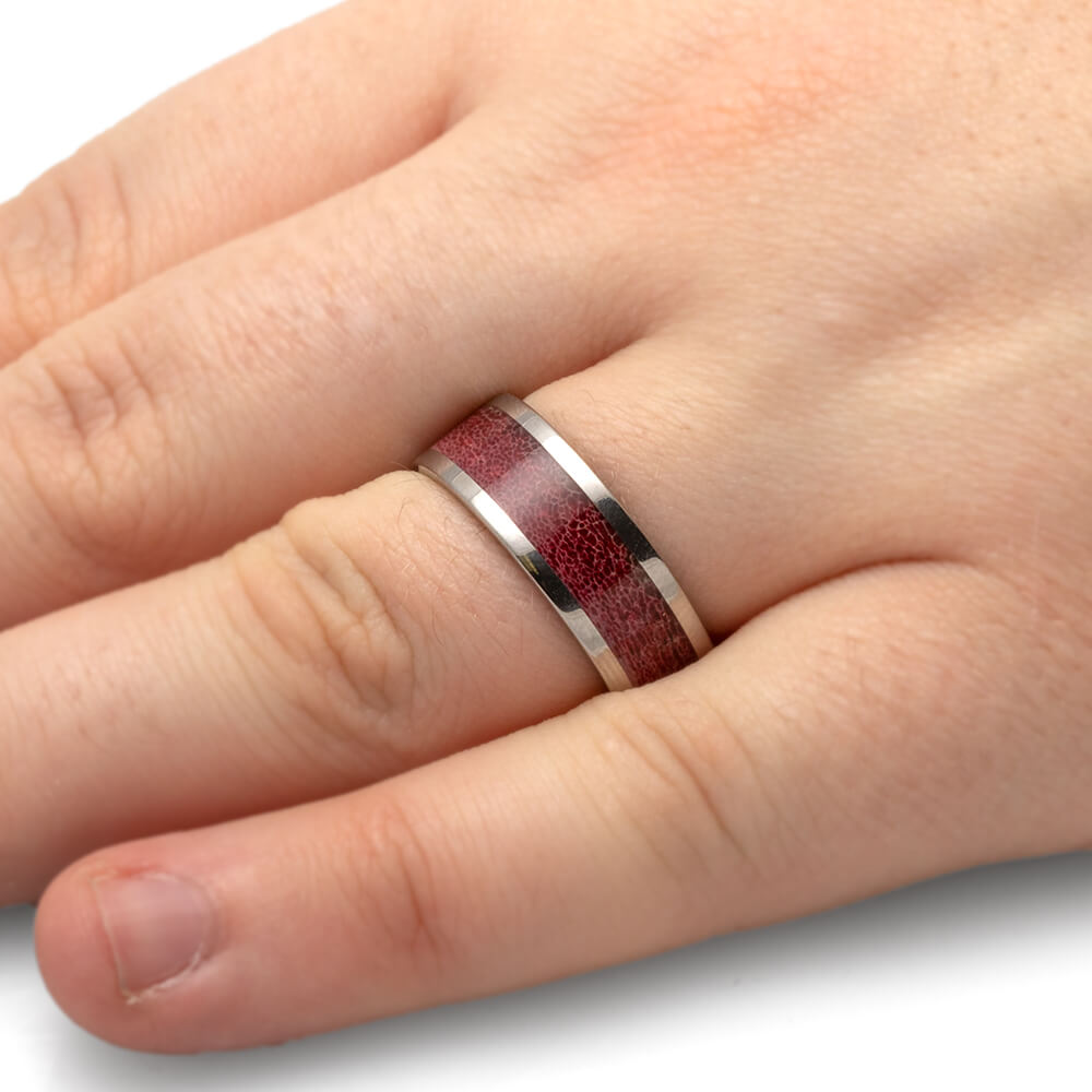 Titanium Wedding Band with Warm Red Deer Antler-4513-RD - Jewelry by Johan