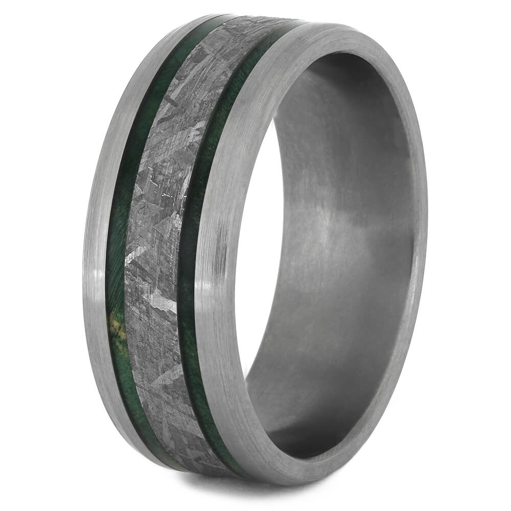 Meteorite Ring with Brushed Titanium and Green Box Elder Wood Burl-4517 - Jewelry by Johan
