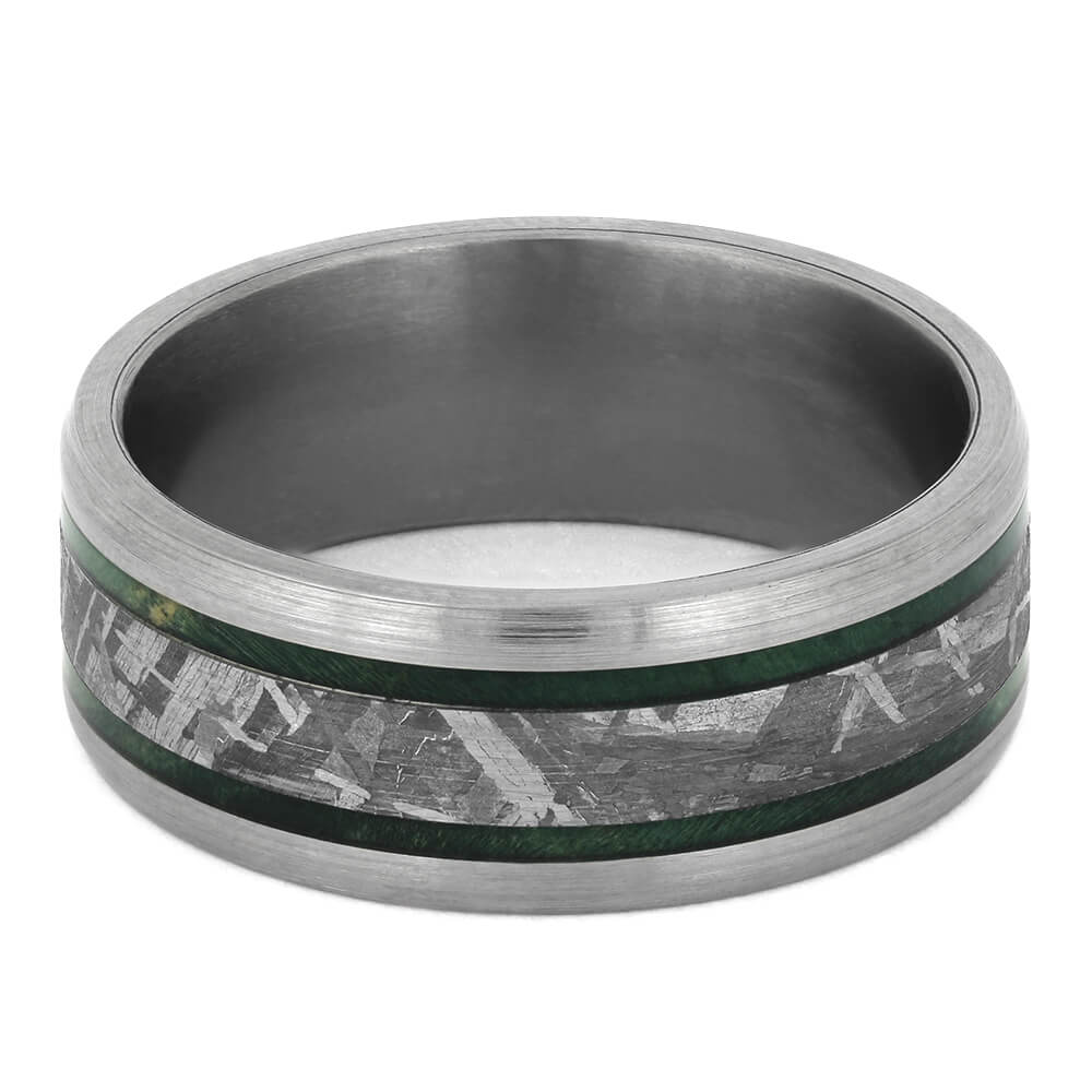 Meteorite Ring with Brushed Titanium and Green Box Elder Wood Burl-4517 - Jewelry by Johan