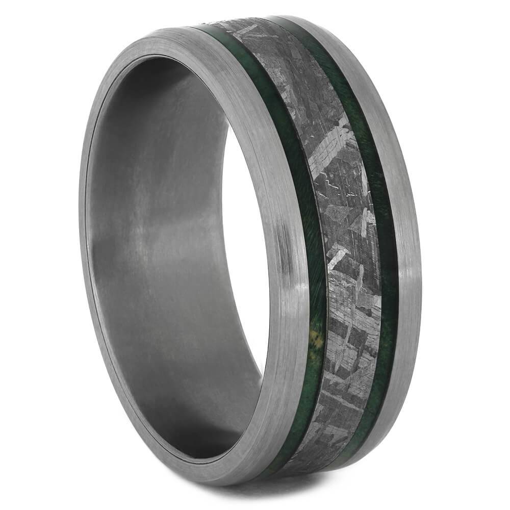 Meteorite Ring with Brushed Titanium and Green Box Elder Wood Burl-4517 - Jewelry by Johan
