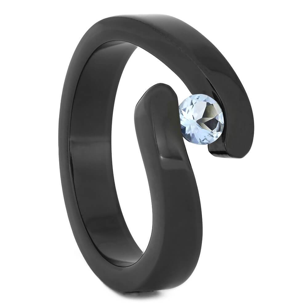 Black Zirconium Tension Set Aquamarine Engagement Ring