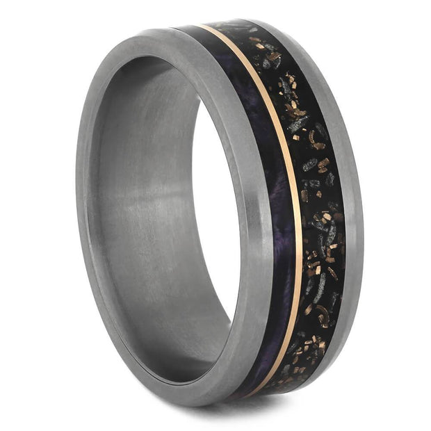 Black Stardust™ Wedding Band with Purple Box Elder Wood Burl-4537 - Jewelry by Johan