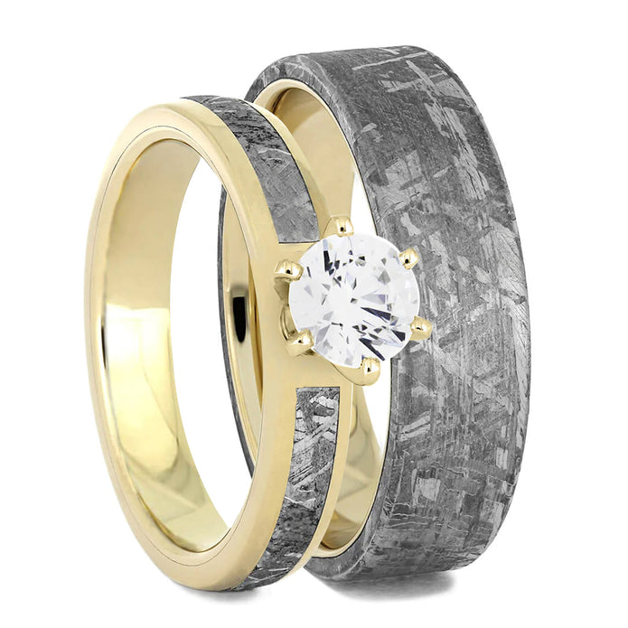 Meteorite Wedding Ring Set With Solitaire Engagement Ring
