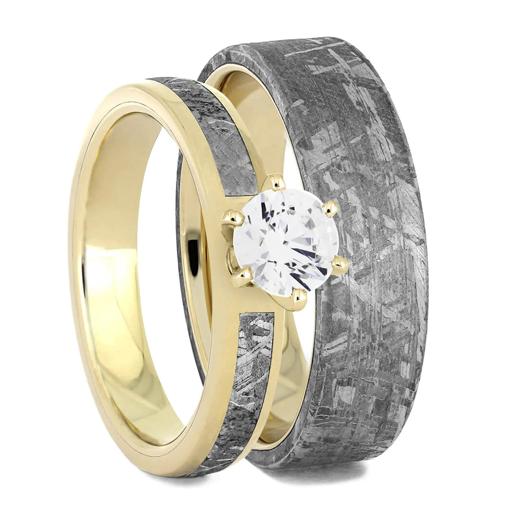 His and Hers Rings With Meteorite & Yellow Gold