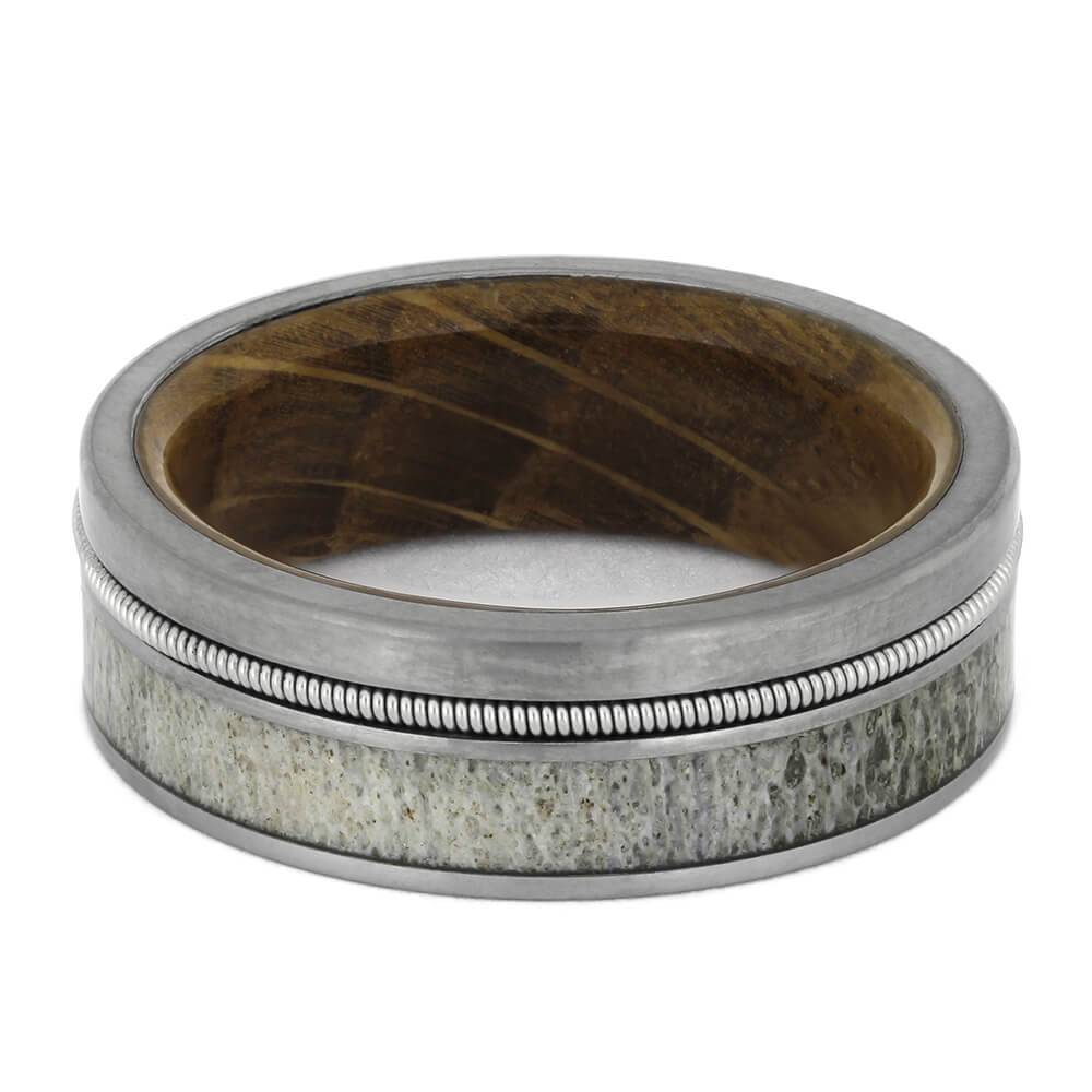 Antler and Guitar String Ring With Whiskey Barrel Wood Sleeve-4546 - Jewelry by Johan