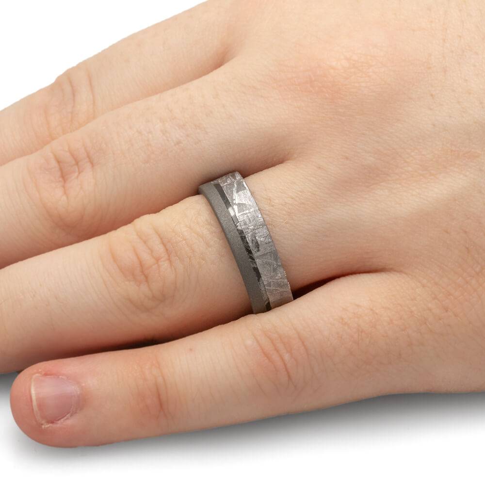 Meteorite Wedding Band with Black and White Mokume-4549 - Jewelry by Johan