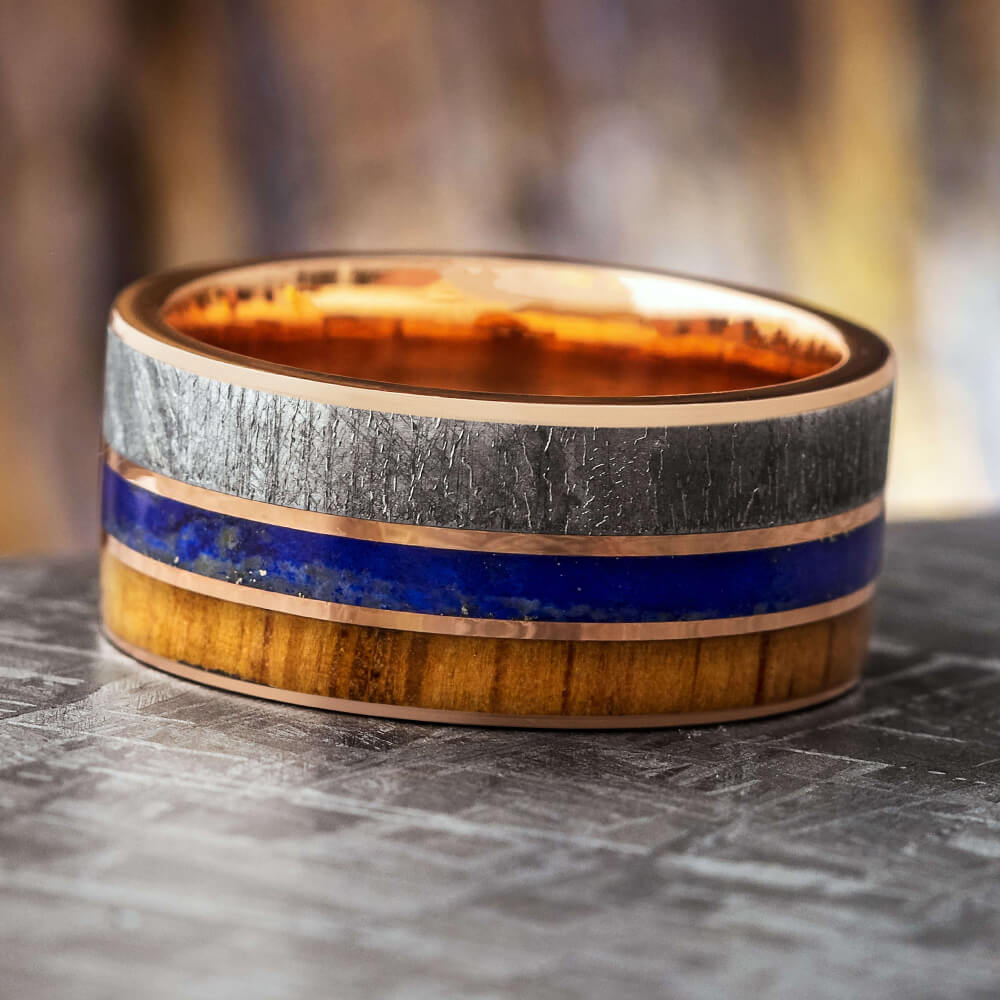 Lapis and Meteorite Ring for Men With Rose Gold
