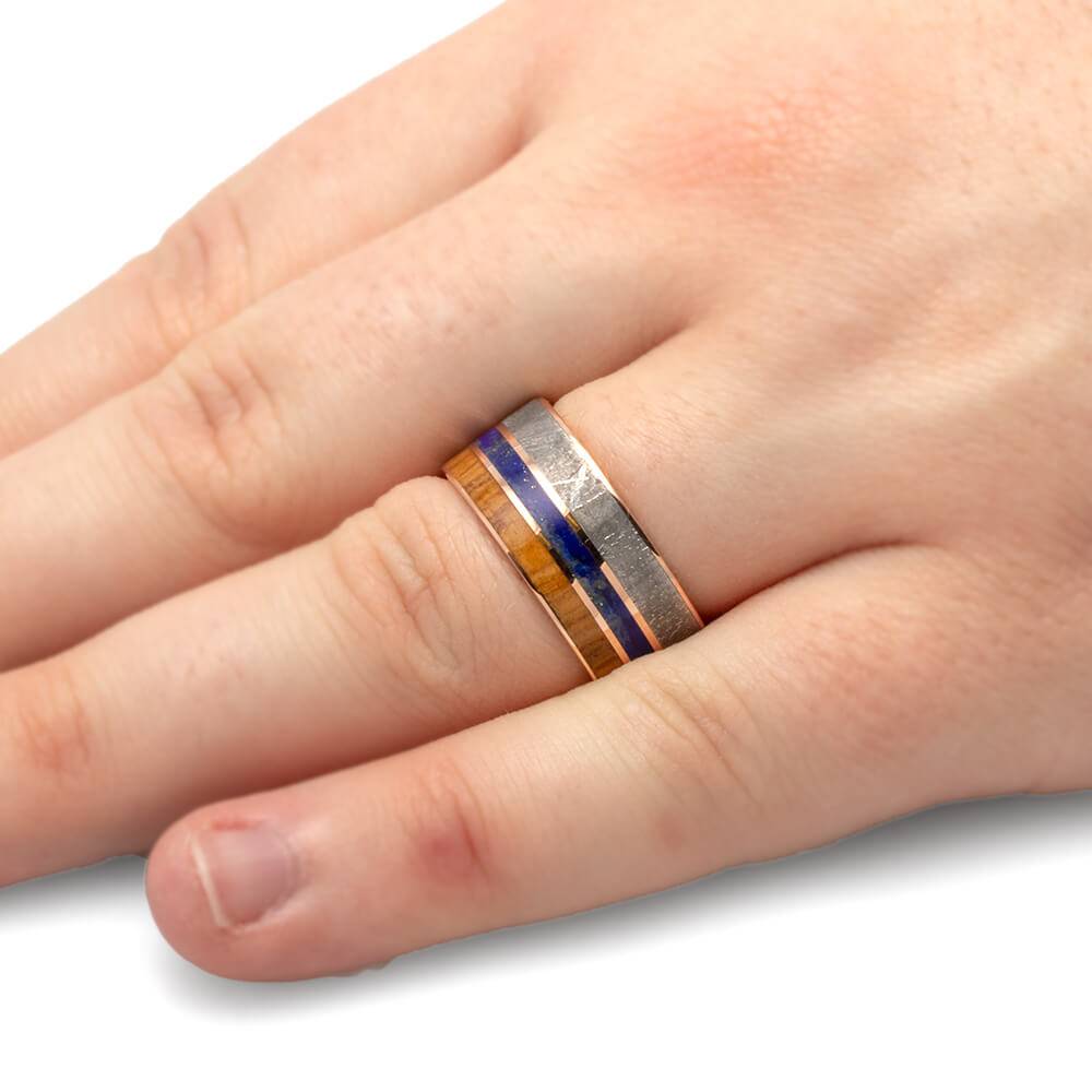 Men's Meteorite Wedding Band with Lapis Lazuli and Oak