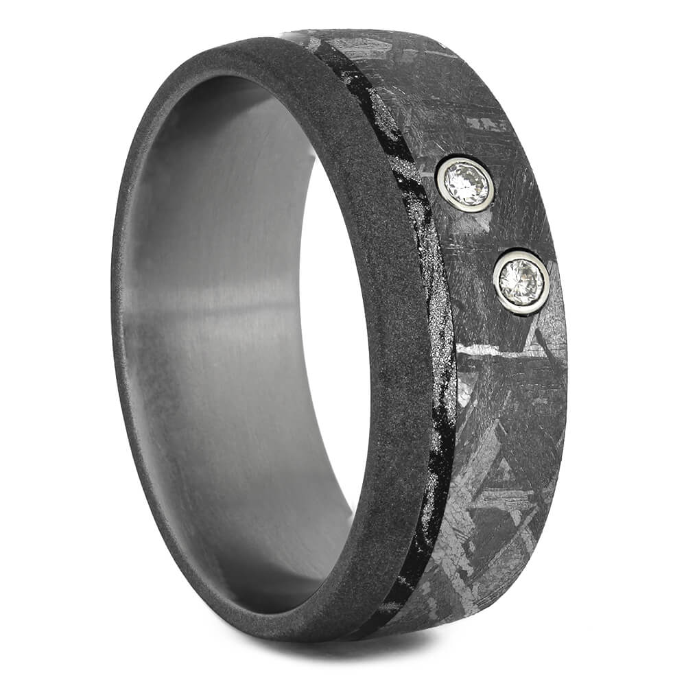 Diamond Meteorite Wedding Band with Black and White Mokume-4555 - Jewelry by Johan