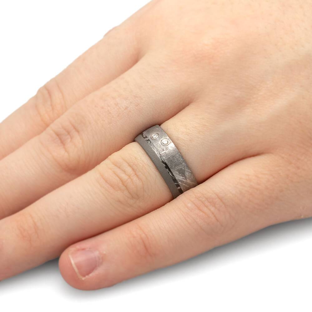 Diamond Meteorite Wedding Band with Black and White Mokume-4555 - Jewelry by Johan