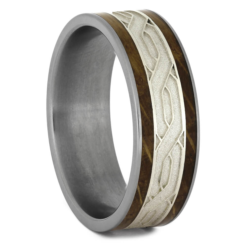 Whiskey Barrel Wood Wedding Band with Silver Celtic Knot Pattern-4574 - Jewelry by Johan