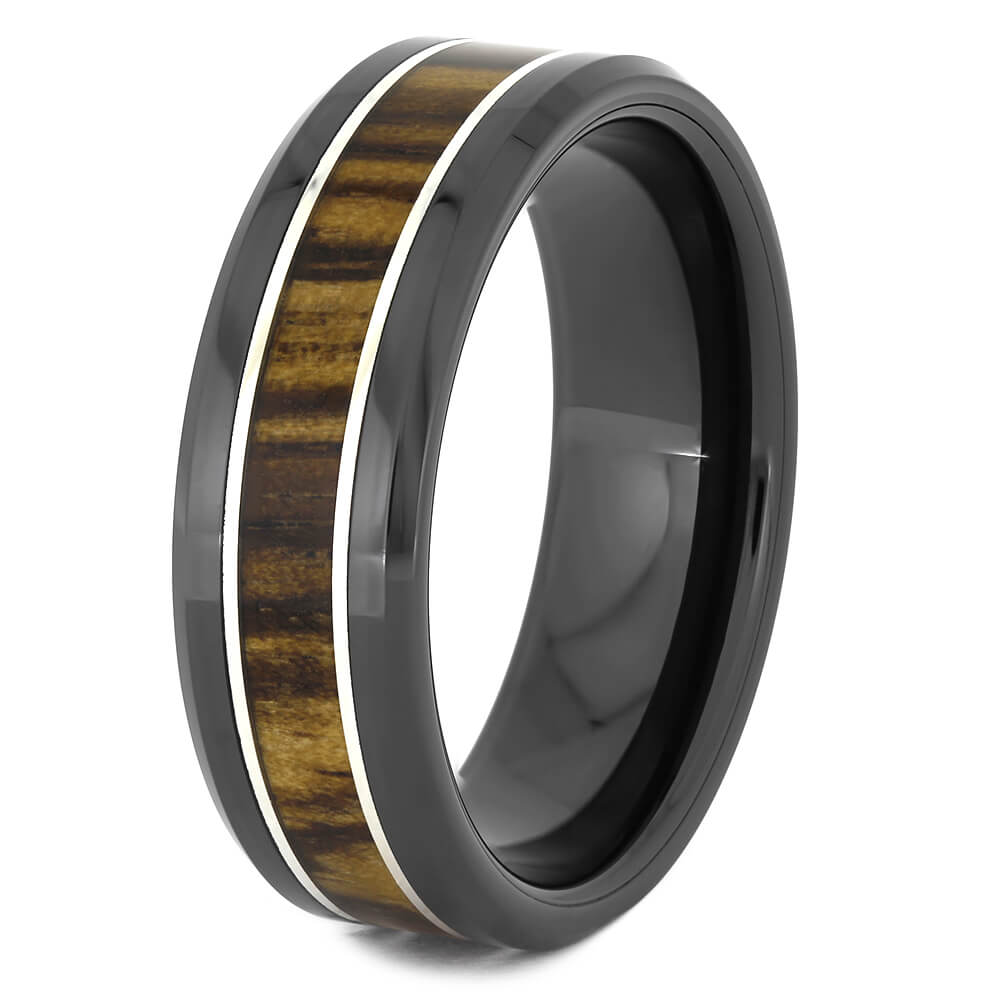 Black Ceramic Wedding Band with Zebrawood-4582 - Jewelry by Johan