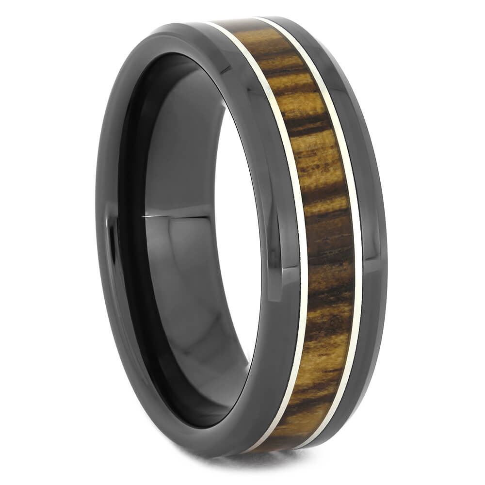 Black Ceramic Wedding Band with Zebrawood-4582 - Jewelry by Johan