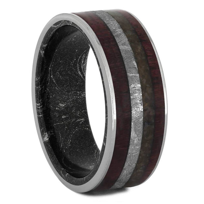 Unique Men's Wedding Band With Wood, Meteorite & Mokume Gane