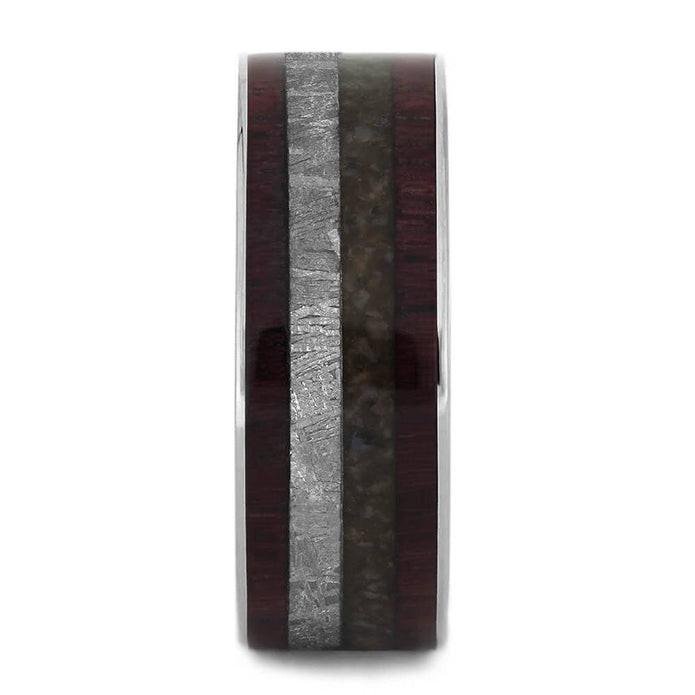 Unique Men's Wedding Band With Wood, Meteorite & Mokume Gane