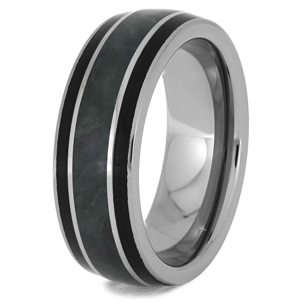 Tungsten Men's Ring with Green Jade & Black Wood Stripes | Jewelry by Johan