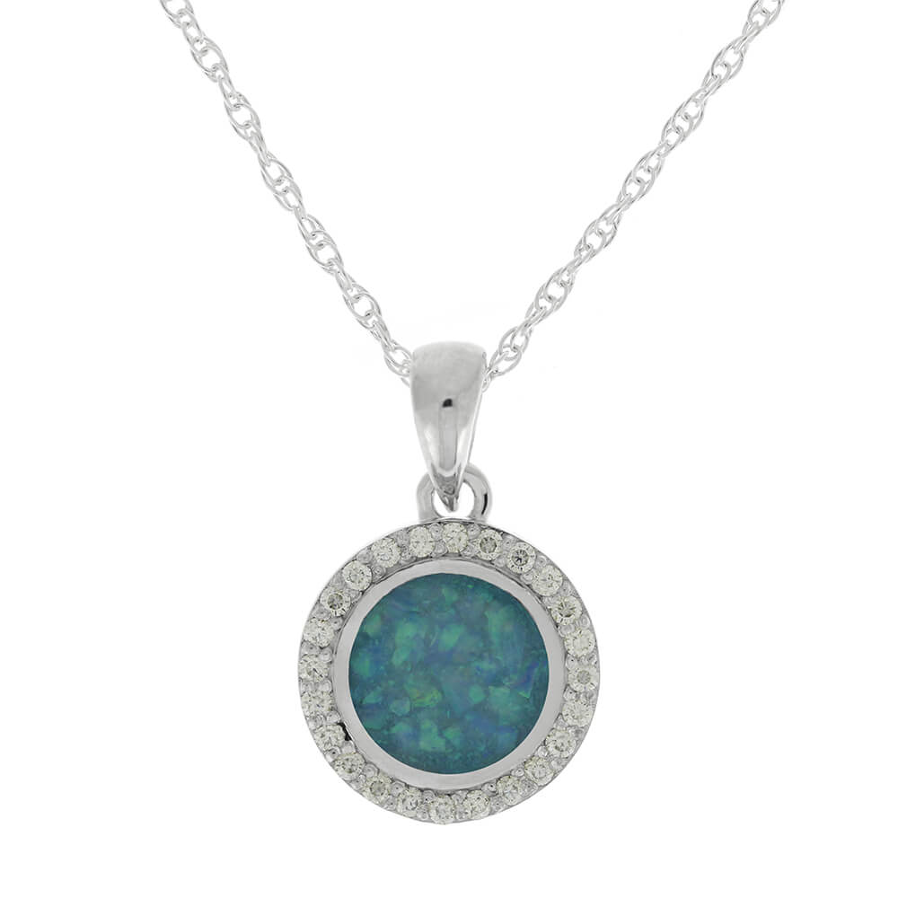 Moissanite Halo Necklace with Crushed Opal Center