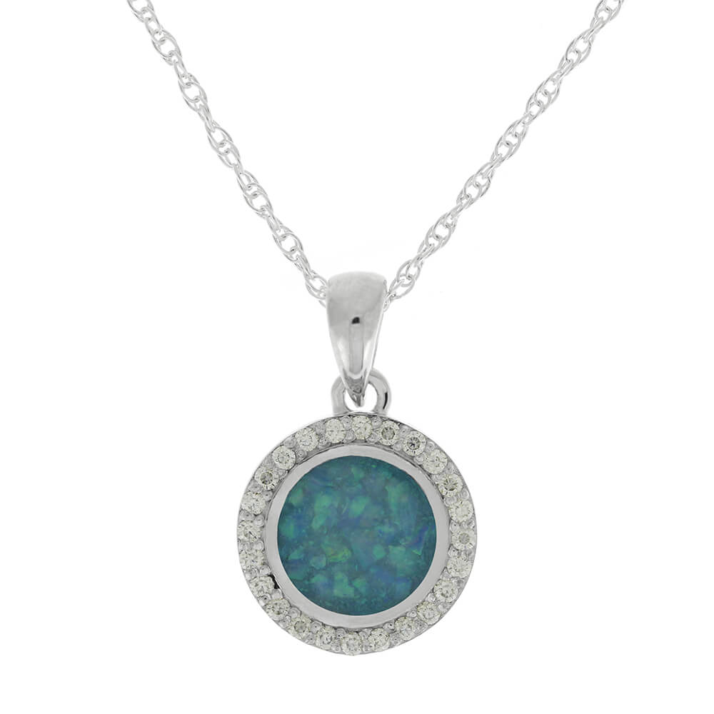 Moissanite Halo Necklace with Crushed Opal Center