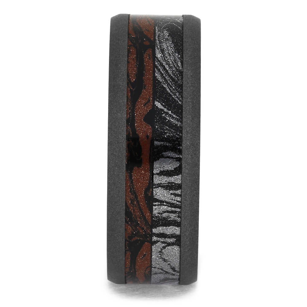 Sandblasted Wedding Band with Red, Black, and White Mokume-4620 - Jewelry by Johan