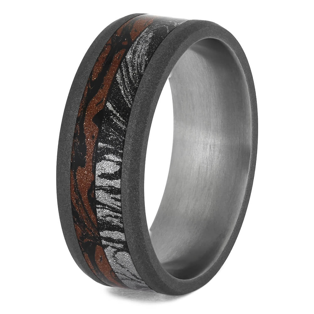 Sandblasted Wedding Band with Red, Black, and White Mokume-4620 - Jewelry by Johan