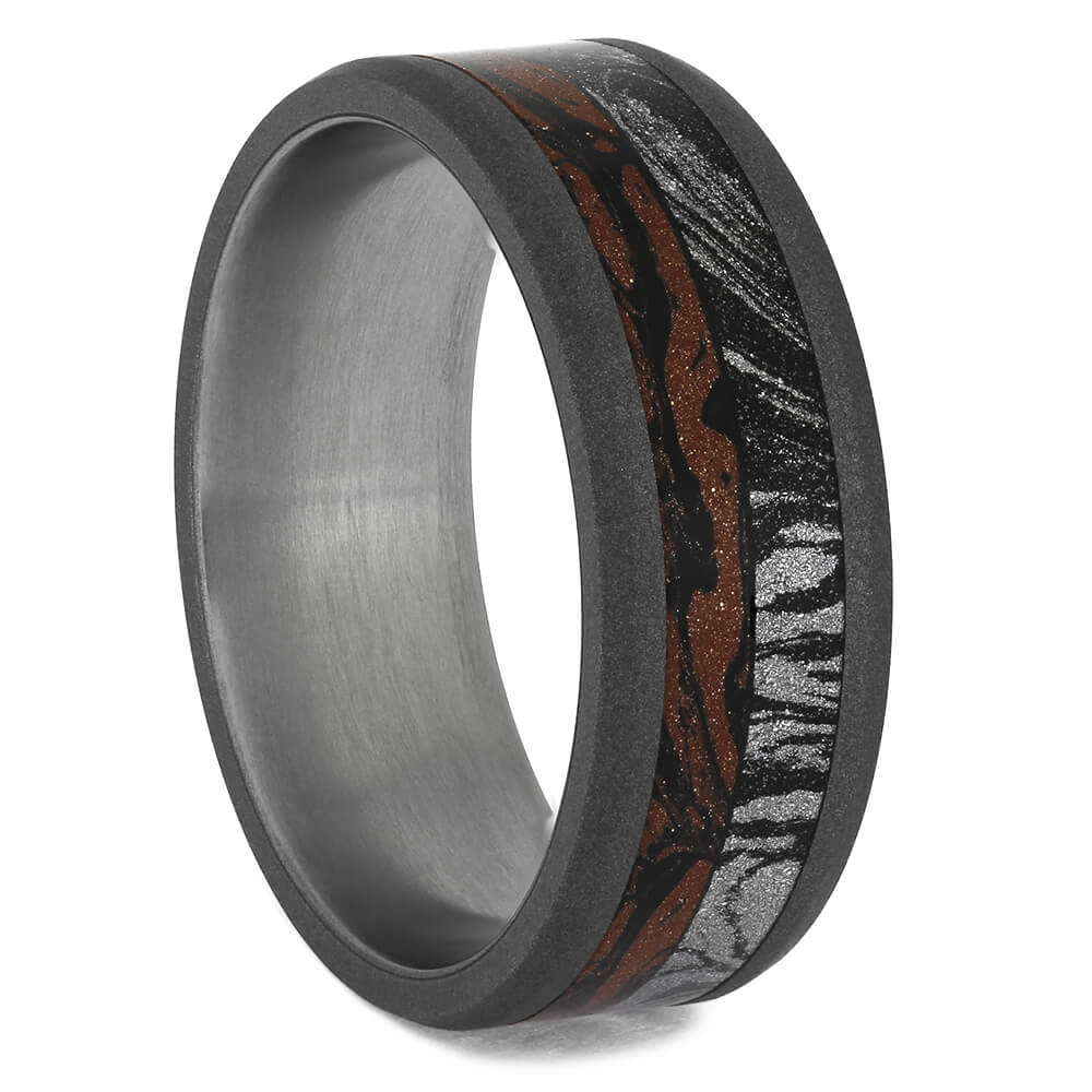 Sandblasted Wedding Band with Red, Black, and White Mokume-4620 - Jewelry by Johan