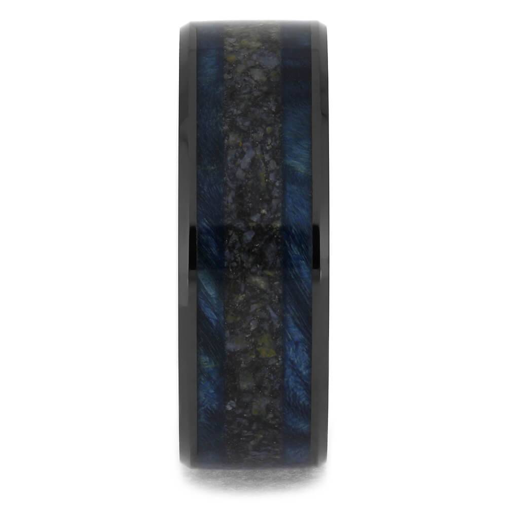 Black Ceramic Wedding Band with Dinosaur Bone and Blue Wood-4626 - Jewelry by Johan