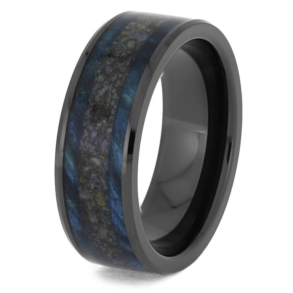 Black Ceramic Wedding Band with Dinosaur Bone and Blue Wood-4626 - Jewelry by Johan