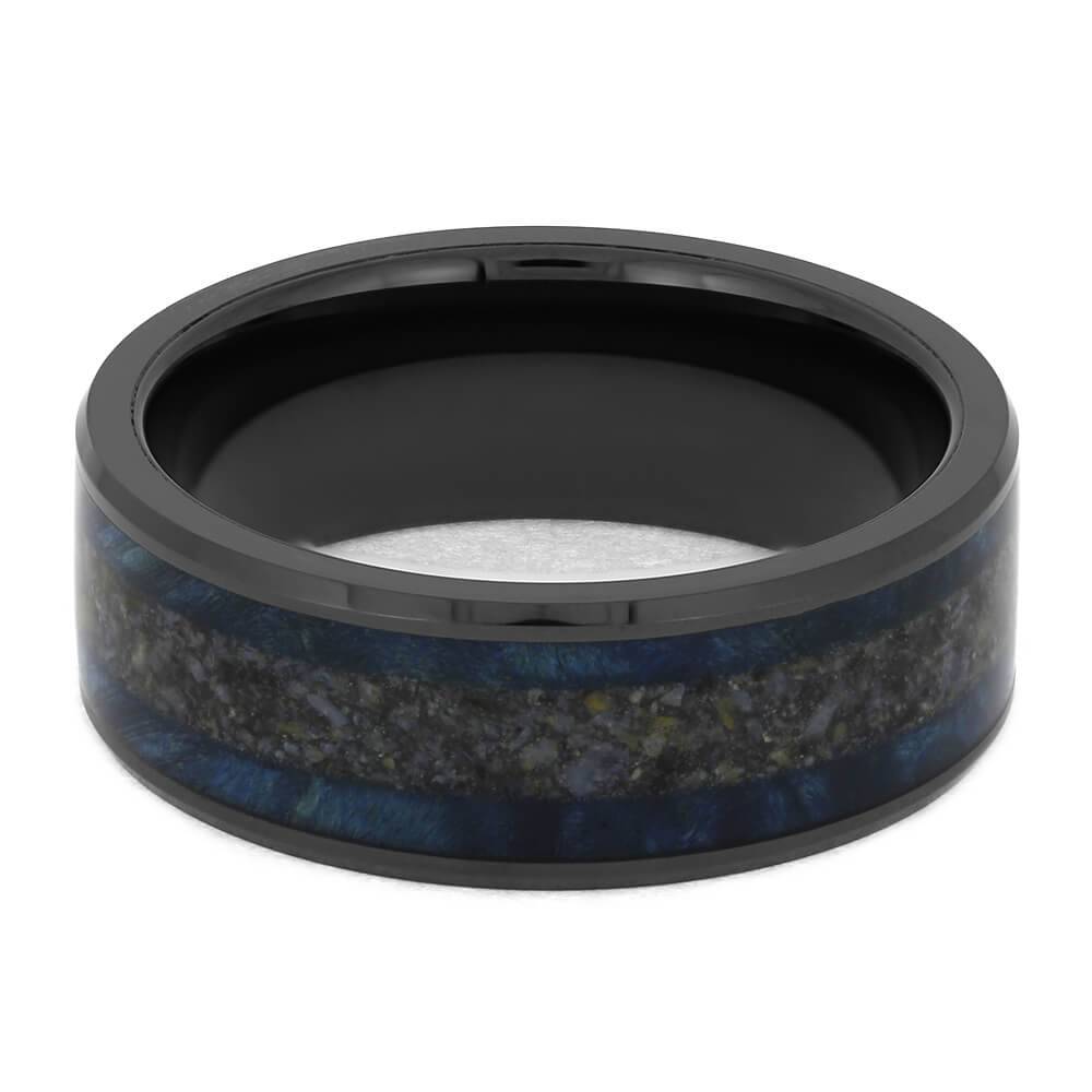 Black Ceramic Wedding Band with Dinosaur Bone and Blue Wood-4626 - Jewelry by Johan