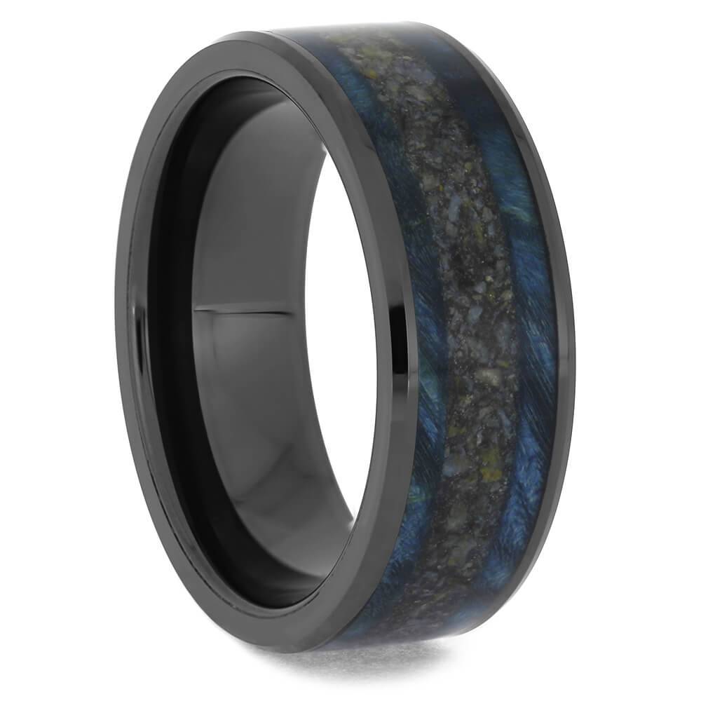Black Ceramic Wedding Band with Dinosaur Bone and Blue Wood-4626 - Jewelry by Johan