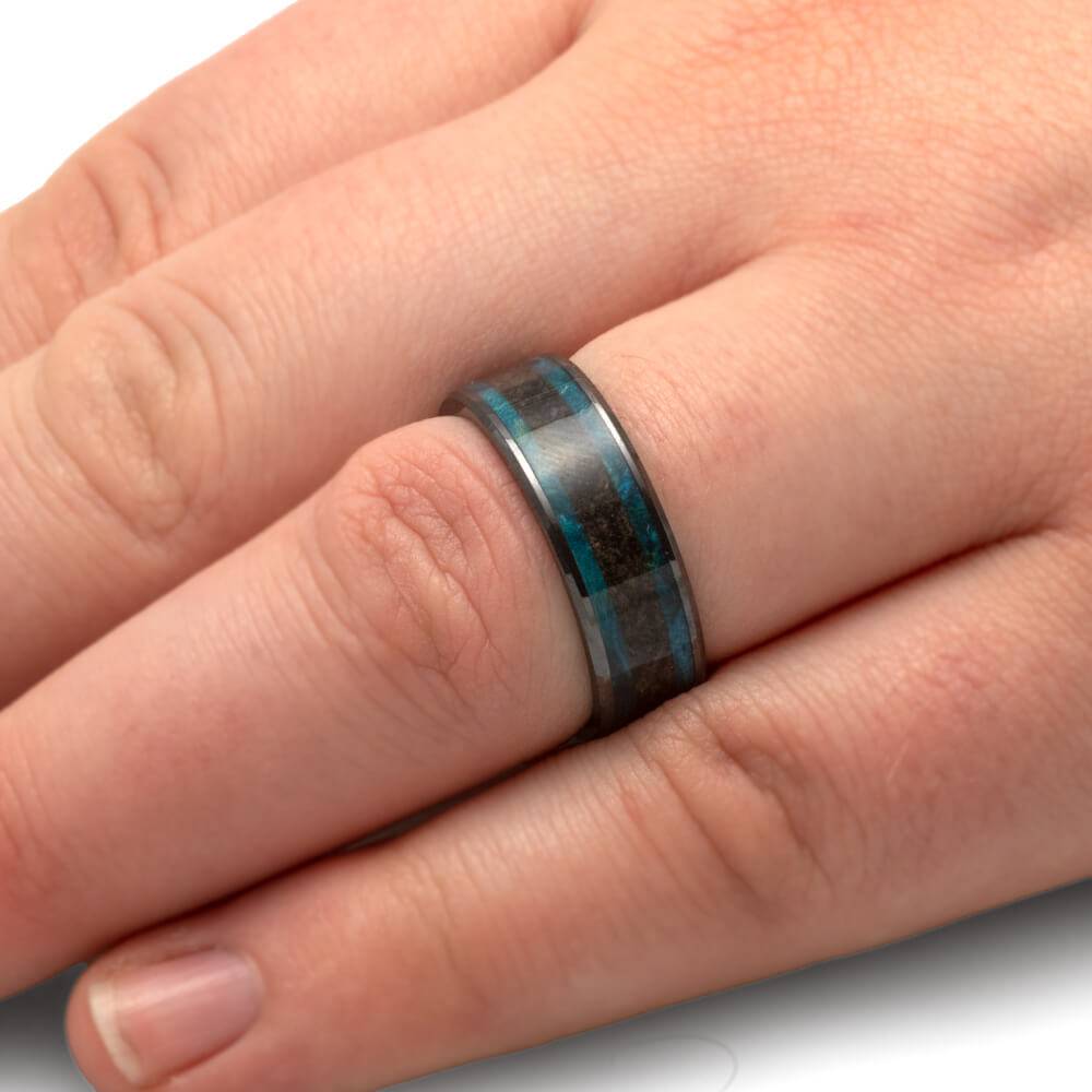 Black Ceramic Wedding Band with Dinosaur Bone and Blue Wood-4626 - Jewelry by Johan