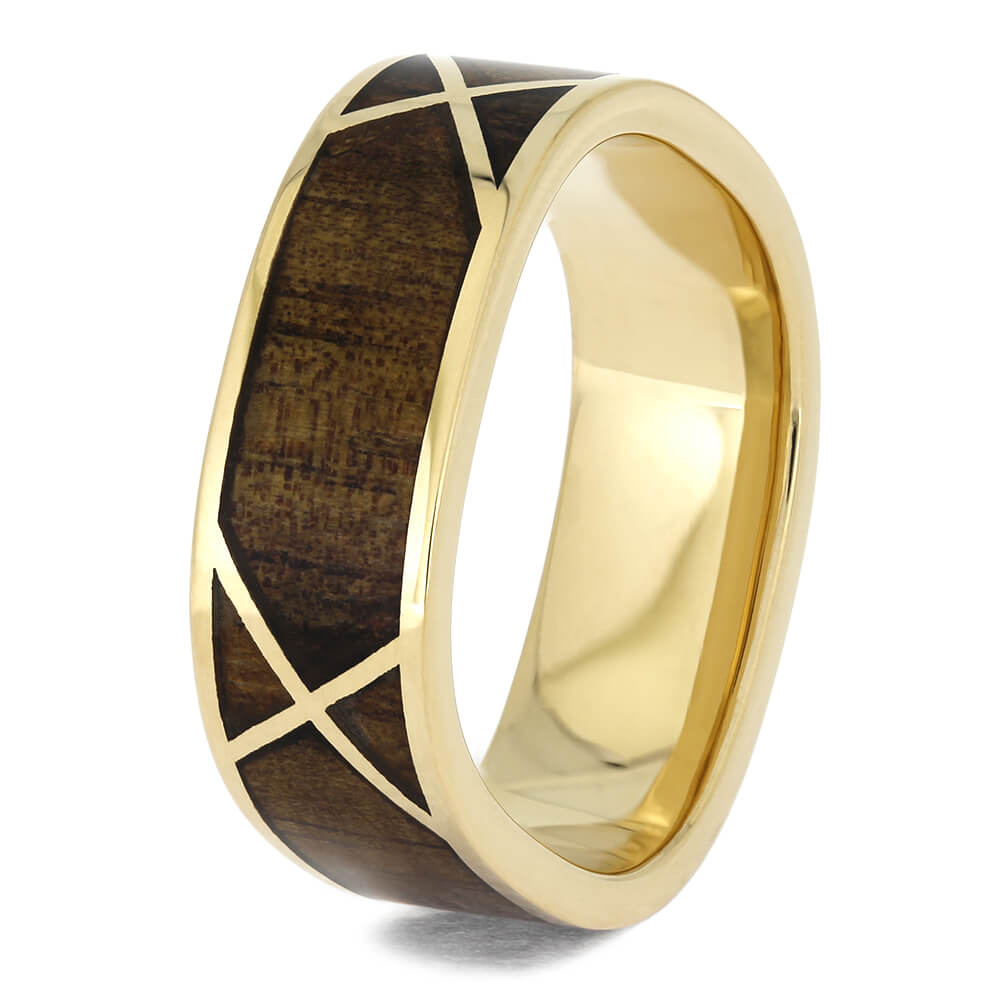 Koa Wood Wedding Band with Yellow Gold Woven Design-4628 - Jewelry by Johan