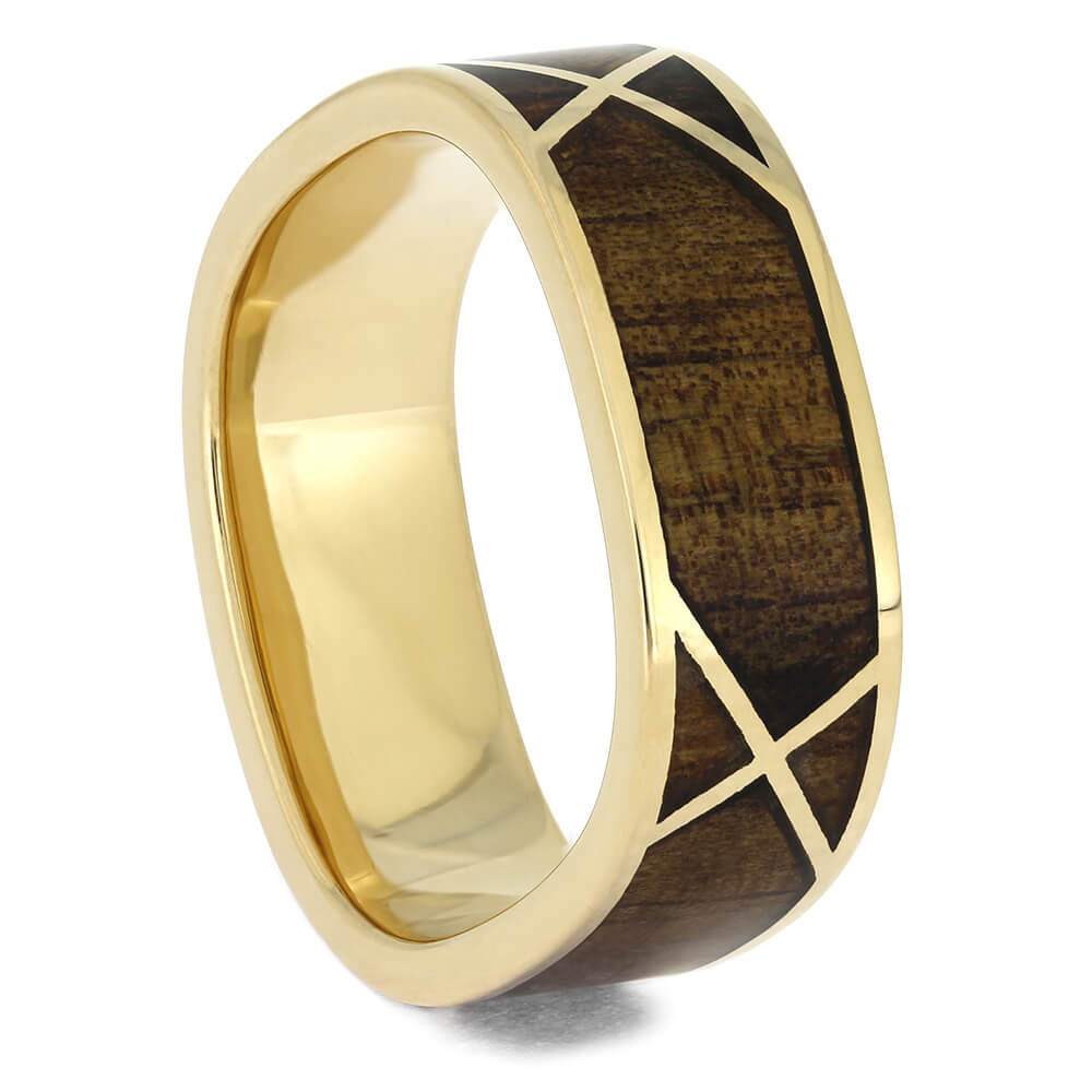 Square Ring with Koa Wood and Yellow Gold Woven Design