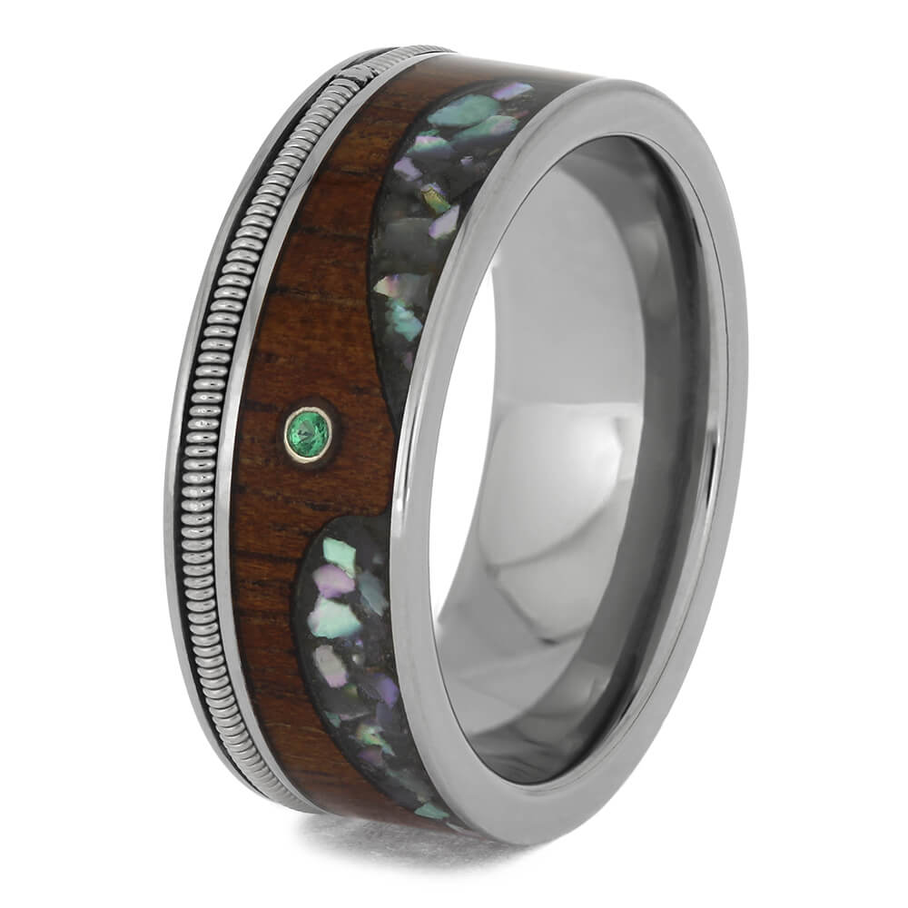 Guitar String Wedding Band with Abalone Wave Design and Emerald Stone-4653 - Jewelry by Johan