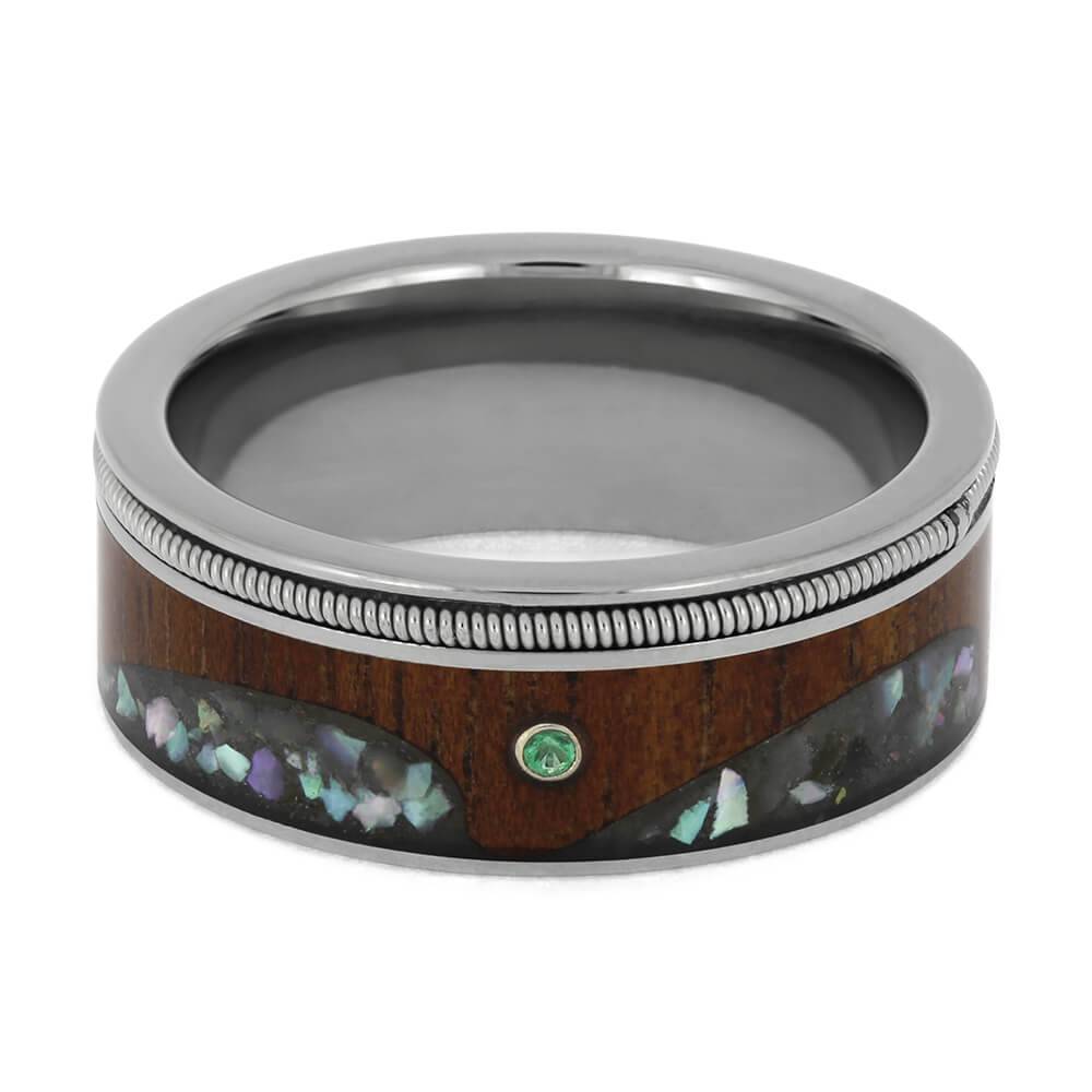 Guitar String Wedding Band with Abalone Wave Design and Emerald Stone-4653 - Jewelry by Johan